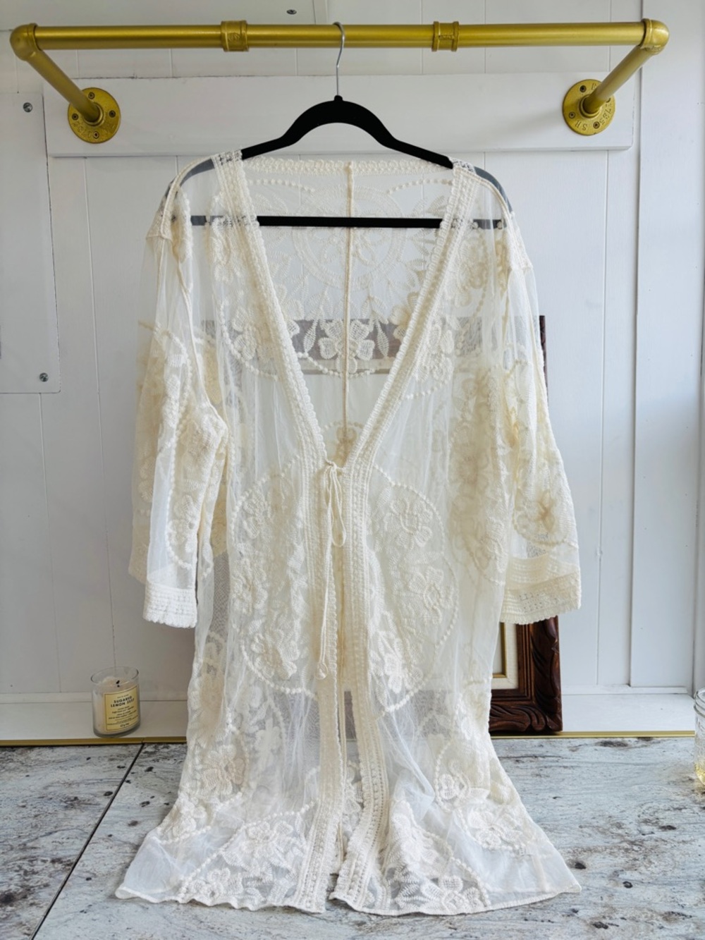 Lace Embroidered Kimono / Duster Floral 100% Cotton Boho Hippie Top Cream Resort